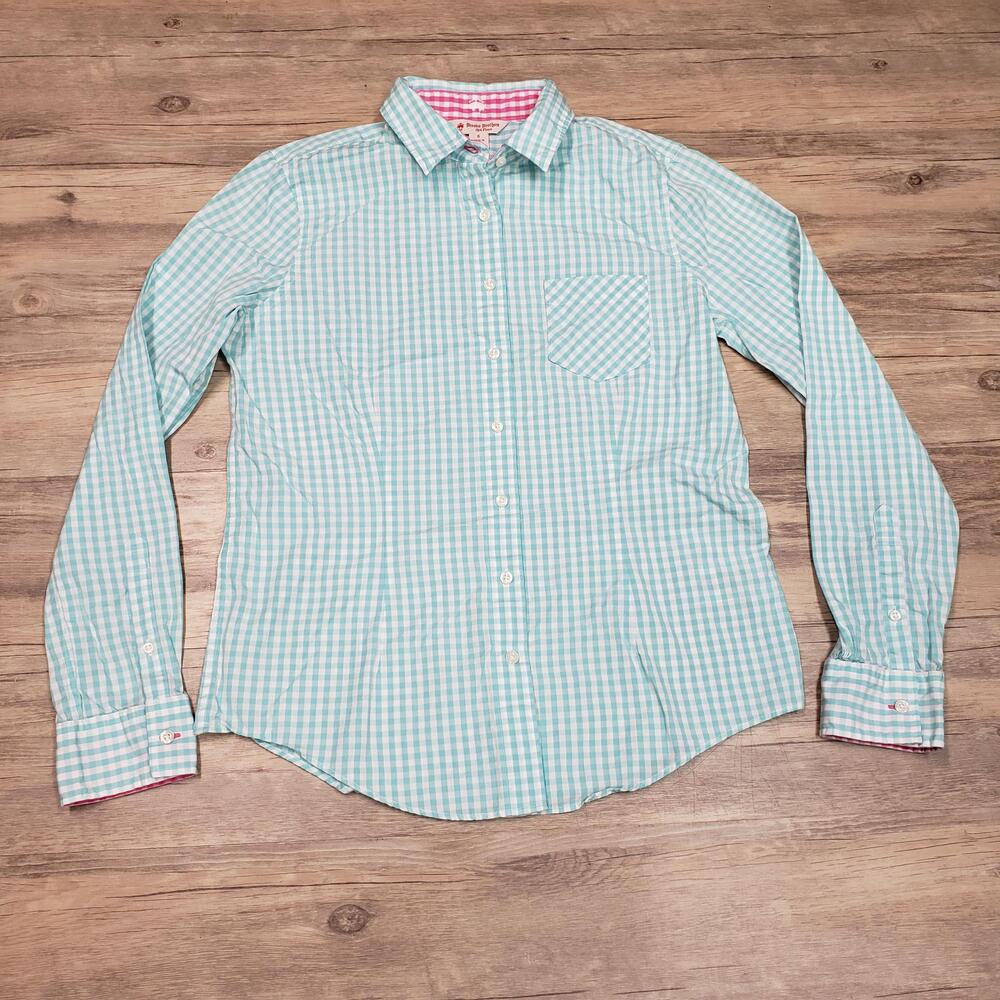 Brooks Brothers Red Fleece Shirt Womens 6 Green White Gingham Button Down Preppy